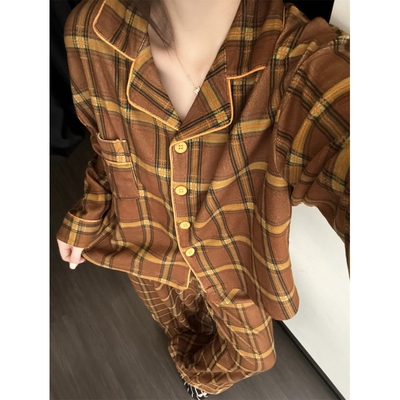 冬季新款休闲格纹德绒睡衣女套装