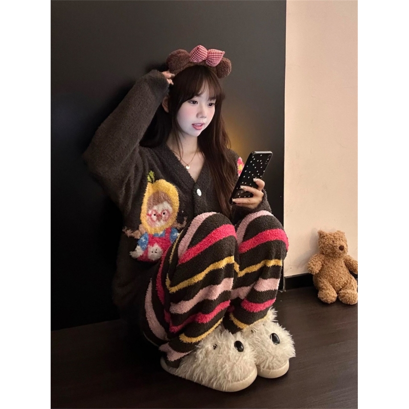 韩系慵懒风半边绒休闲开衫睡衣女