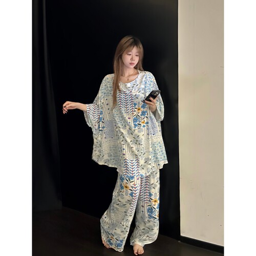 甜美温柔风少女碎花棉绸睡衣套装