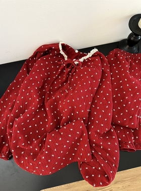甜美复古红色波点长袖睡衣女2026春秋新款大码开衫长裤家居服套装