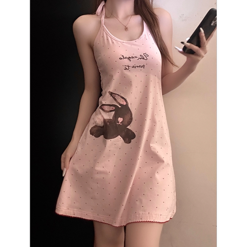 甜美粉色波点兔子挂脖吊带睡裙