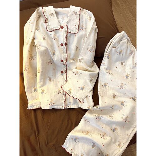 睡衣女春秋季开衫长裤家居服套装
