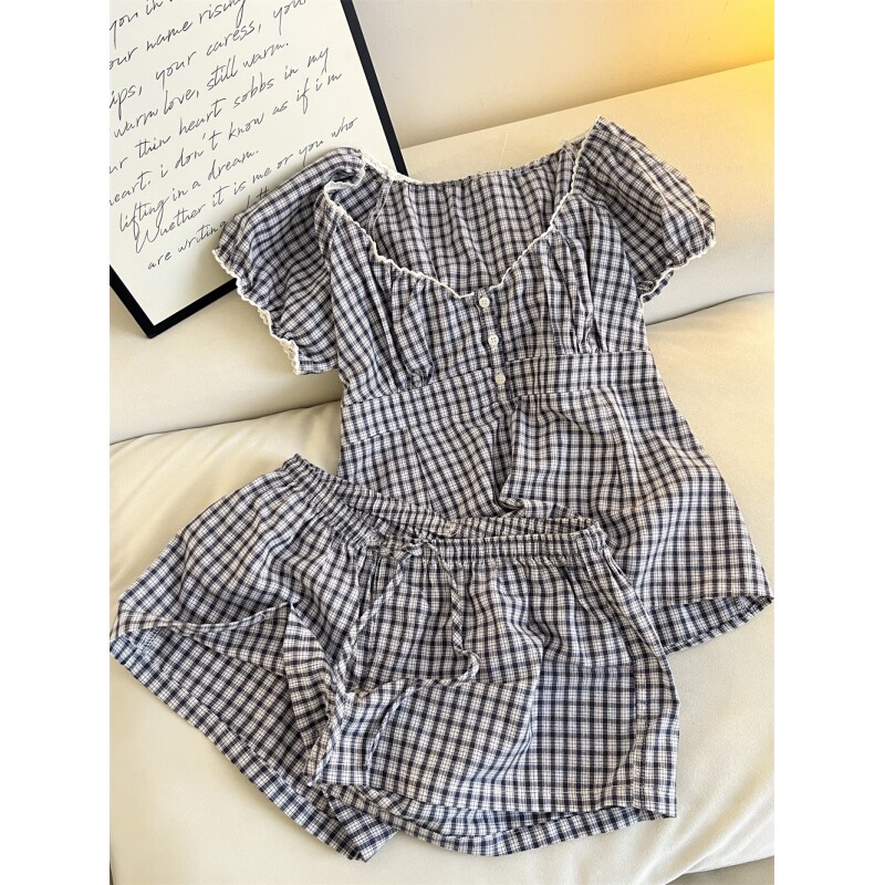 韩系少女格子短袖睡衣女士2026新款夏季休闲宽松短裤家居服套装女