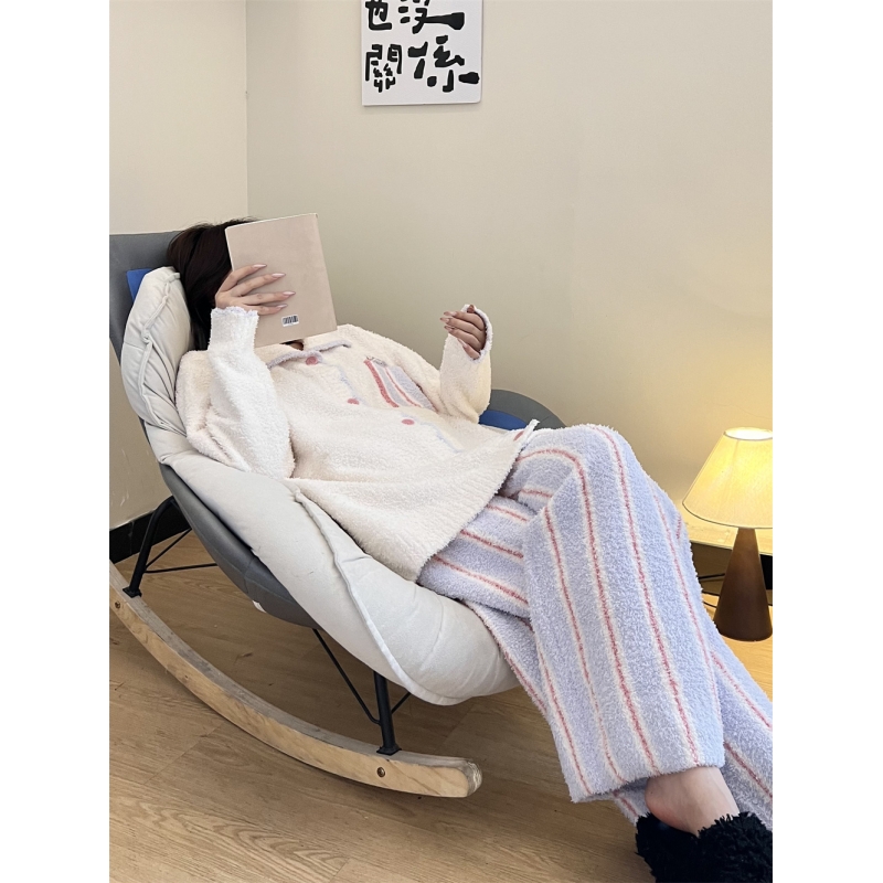 甜美少女感毛绒可爱半边绒睡衣女