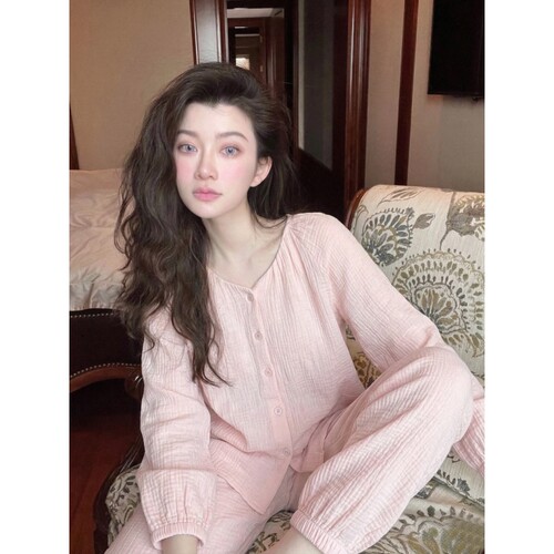韩版简约双层棉纱亲肤睡衣女套装