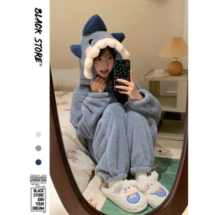 甜美可爱鲨鱼连帽珊瑚绒睡衣女2025秋冬款加厚保暖连体睡袍可外穿