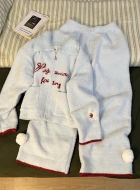 韩系蓝色减龄甜美慵懒风字母半边绒睡衣女加厚保暖秋冬款居家套装