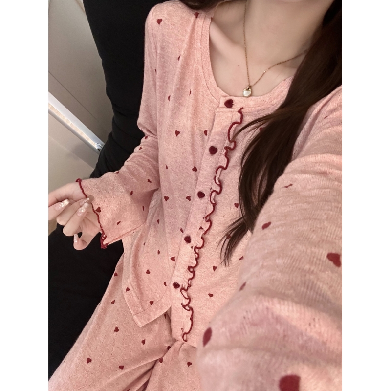 ins风甜美爱心花边长袖德绒睡衣