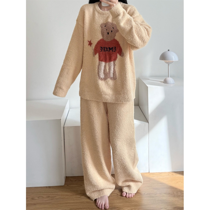 卡通小熊针织半边绒睡衣女秋冬款