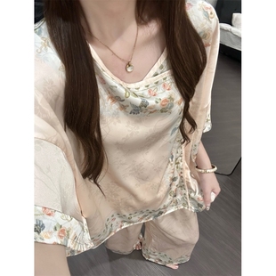 夏季 短袖 国风轻奢宫廷风碎花拼接睡衣女款 冰丝大码 长裤 家居服套装