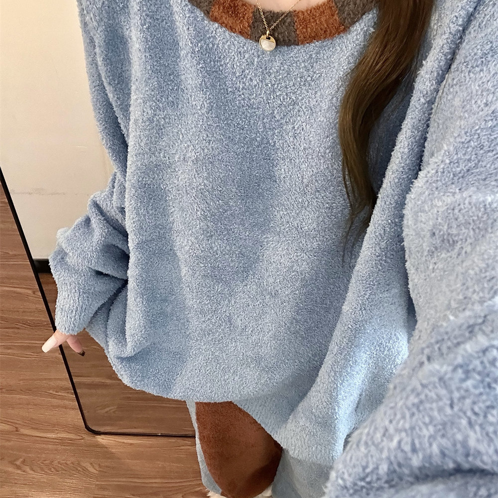 设计感撞色高级针织半边绒睡衣女