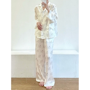 甜美少女小狗印花冰丝睡衣女春季 长袖 翻领亲肤家居服套装 可外穿 款