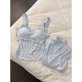 韩系甜美爱心印花带胸垫睡衣女夏款 家居服两件套 宽松舒适吊带短裤