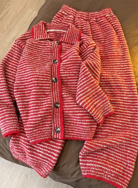 高级感红色条纹半边绒睡衣女秋冬款加厚保暖毛绒针织家居服两件套