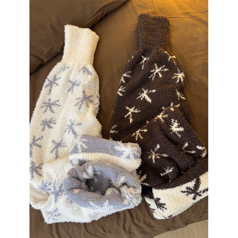 日系甜美雪花加厚针织半边绒睡裤