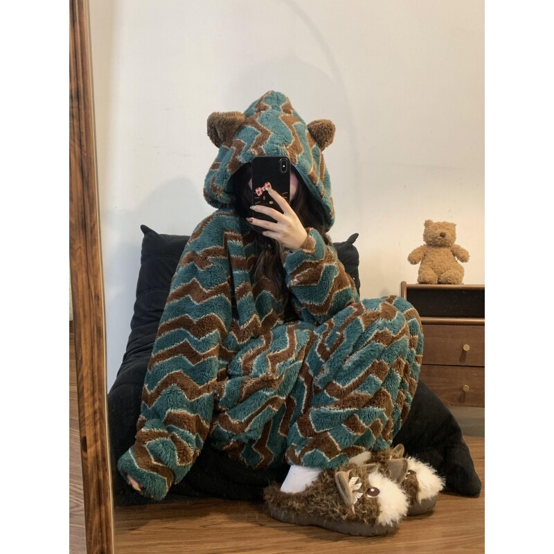 甜美费尔岛半边绒连帽睡衣女秋冬季保暖长袖长裤可外穿家居服套装