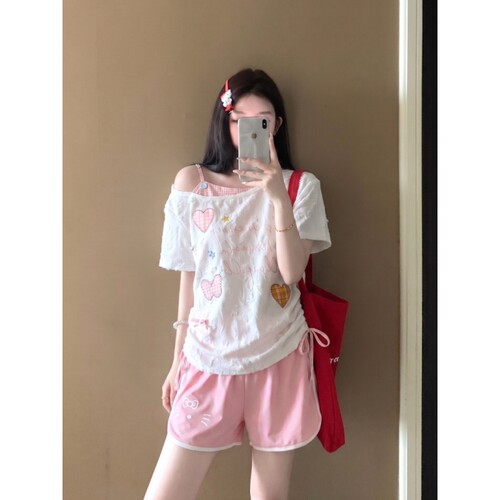 甜美风减龄爱心斜肩吊带睡衣女夏季新款高腰短裤家居服套装可外穿