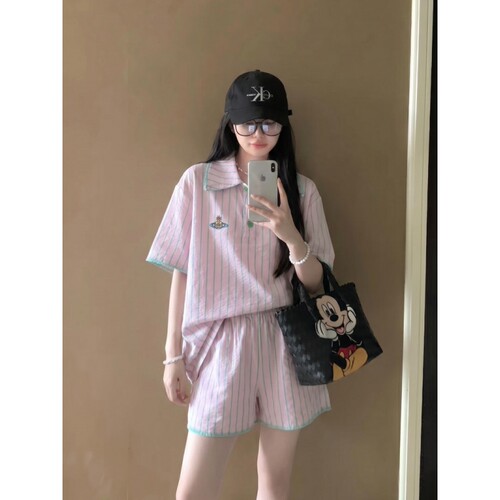 日系撞色条纹翻领睡衣女夏季新款宽松亲肤舒适短袖短裤家居服套装