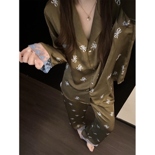法式 高级感蕾丝蝴蝶结印花冰丝睡衣女春秋季 可外穿大码 家居服套装