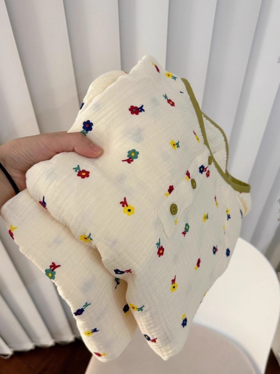 彩色小花双层婴儿棉纱睡衣女春秋款纯棉长袖长裤家居服套装可外穿