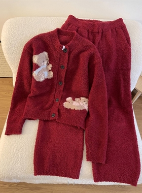 本命年红色可爱小熊针织半边绒睡衣冬季女款大码加厚家居服两件套