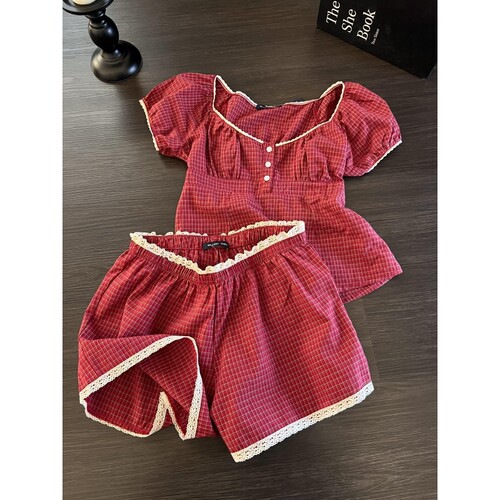 法式少女红色格纹花边短袖睡衣女款夏季甜美短裤居家服套装可外穿