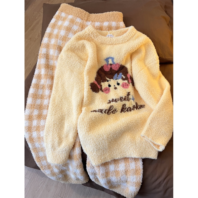 甜美可爱少女印花半边绒睡衣女冬