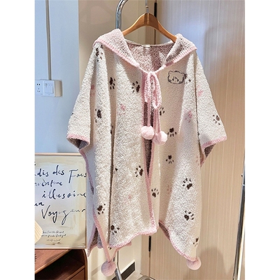 可爱甜美爪印猫耳针织半边绒睡衣