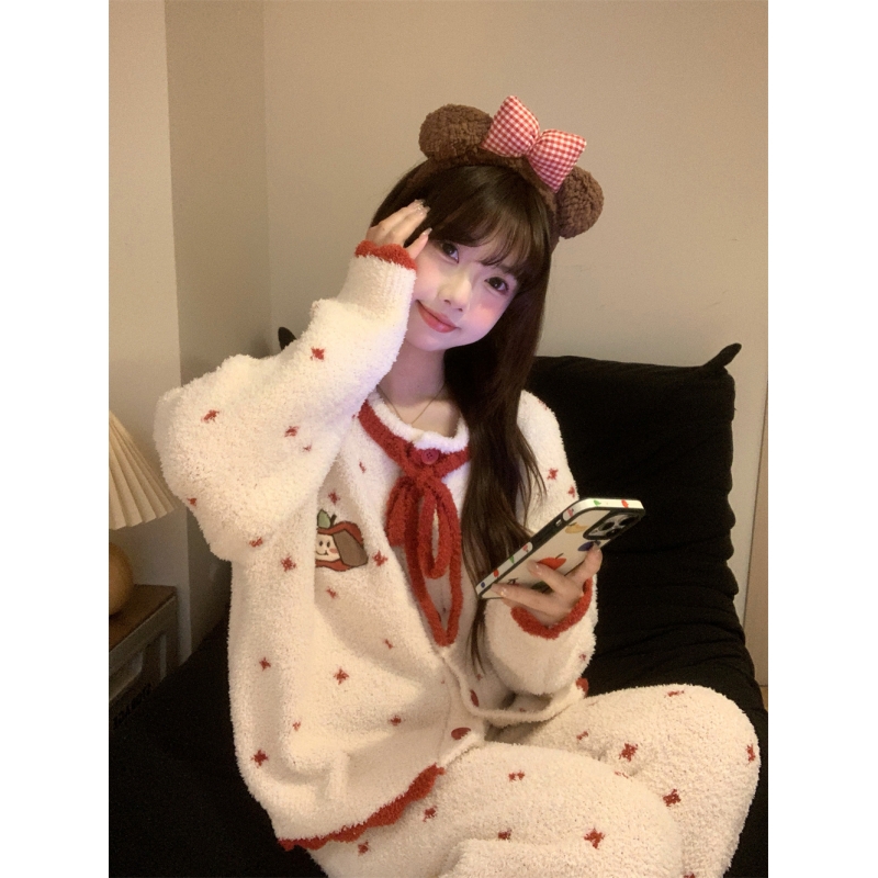 可爱少女卡通印花针织半边绒睡衣