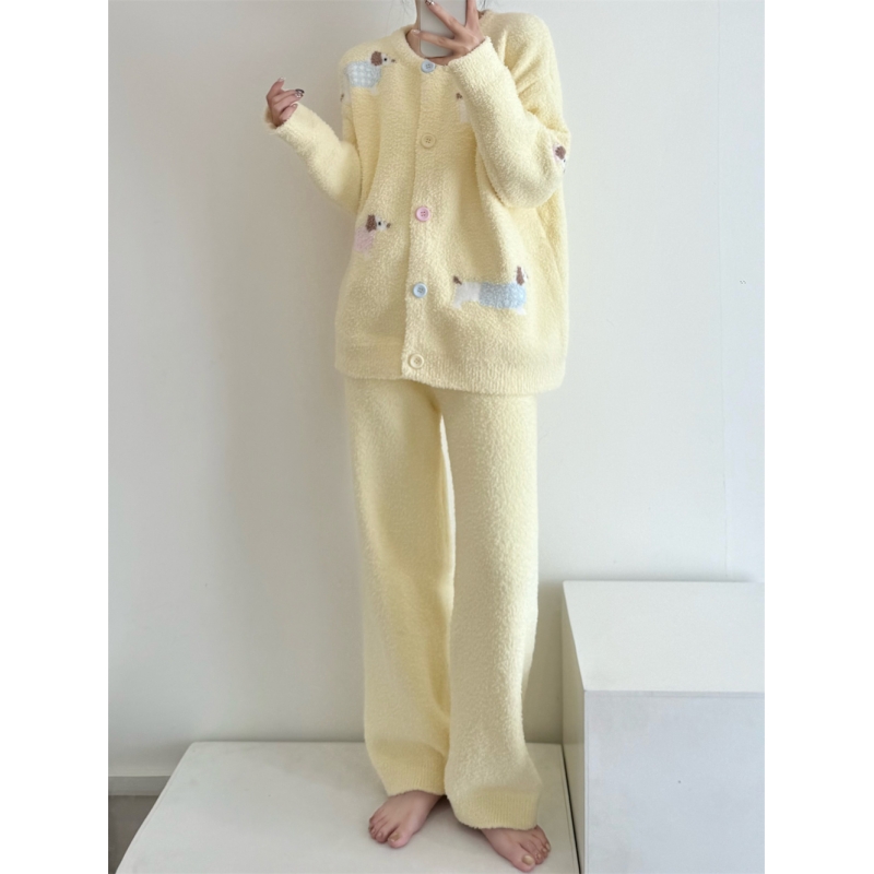 可爱卡通腊肠狗半边绒睡衣女秋冬