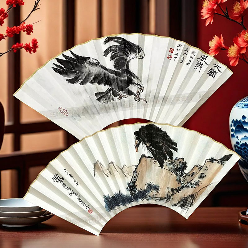 手绘扇面松鹰图 大鹏展翅飞鹰归类 仿潘天寿扇子 95寸16/18方折扇