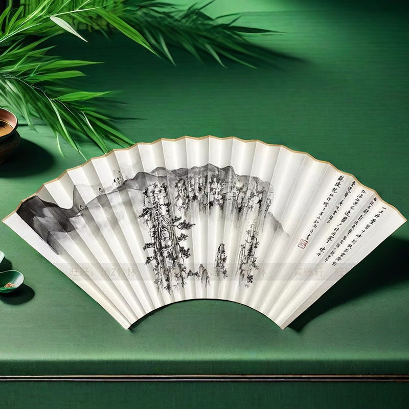 手绘扇面水墨山水画 黄山盘龙松树 95寸18方折扇 仿石涛扇子 多图
