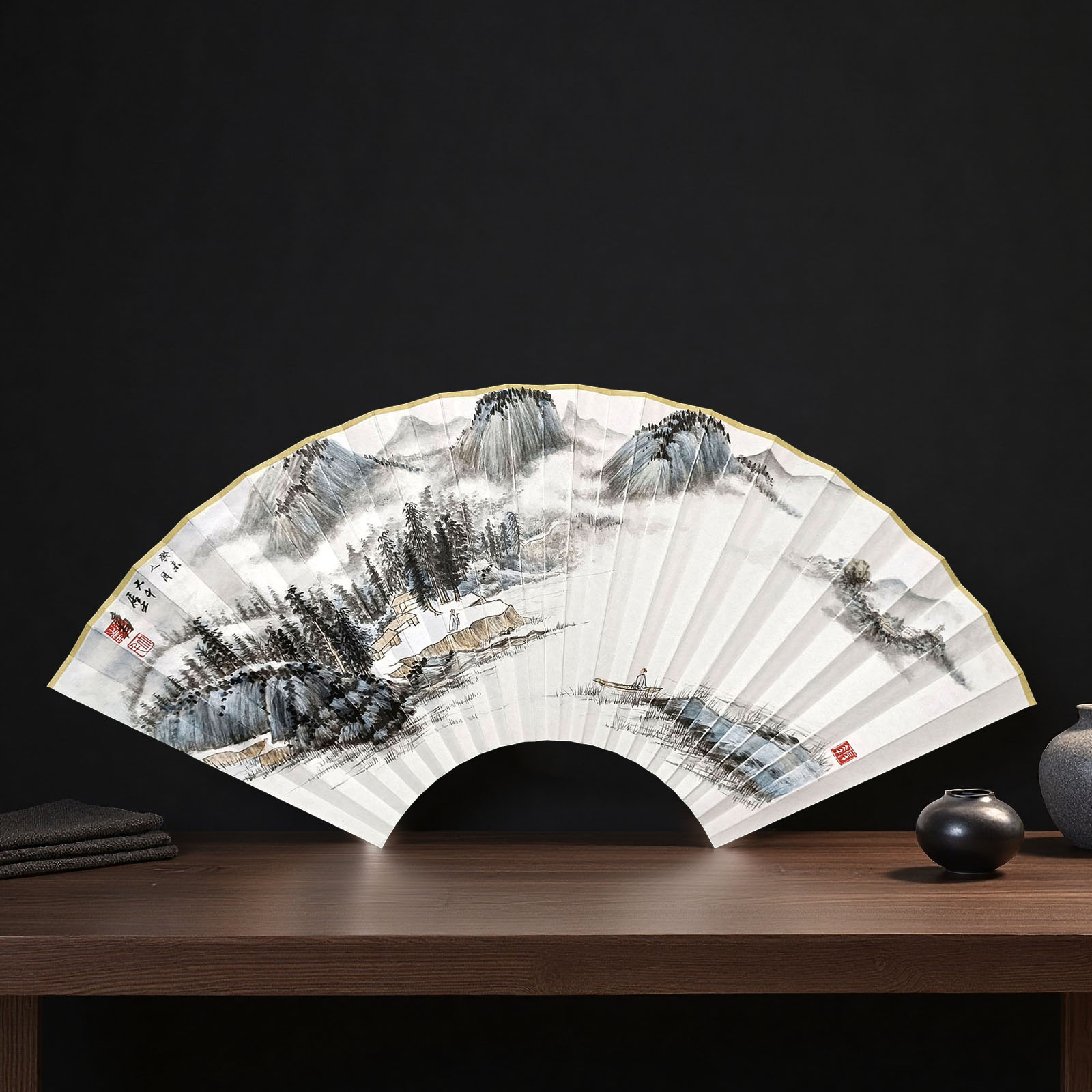 人物山水画扇面 手绘名家扇子 仿张大千 95寸18方折扇文玩 可定制