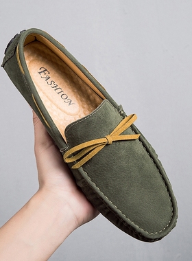 2026春季小码36豆豆鞋男真皮软底绿色社会乐福鞋韩版大码48潮男鞋