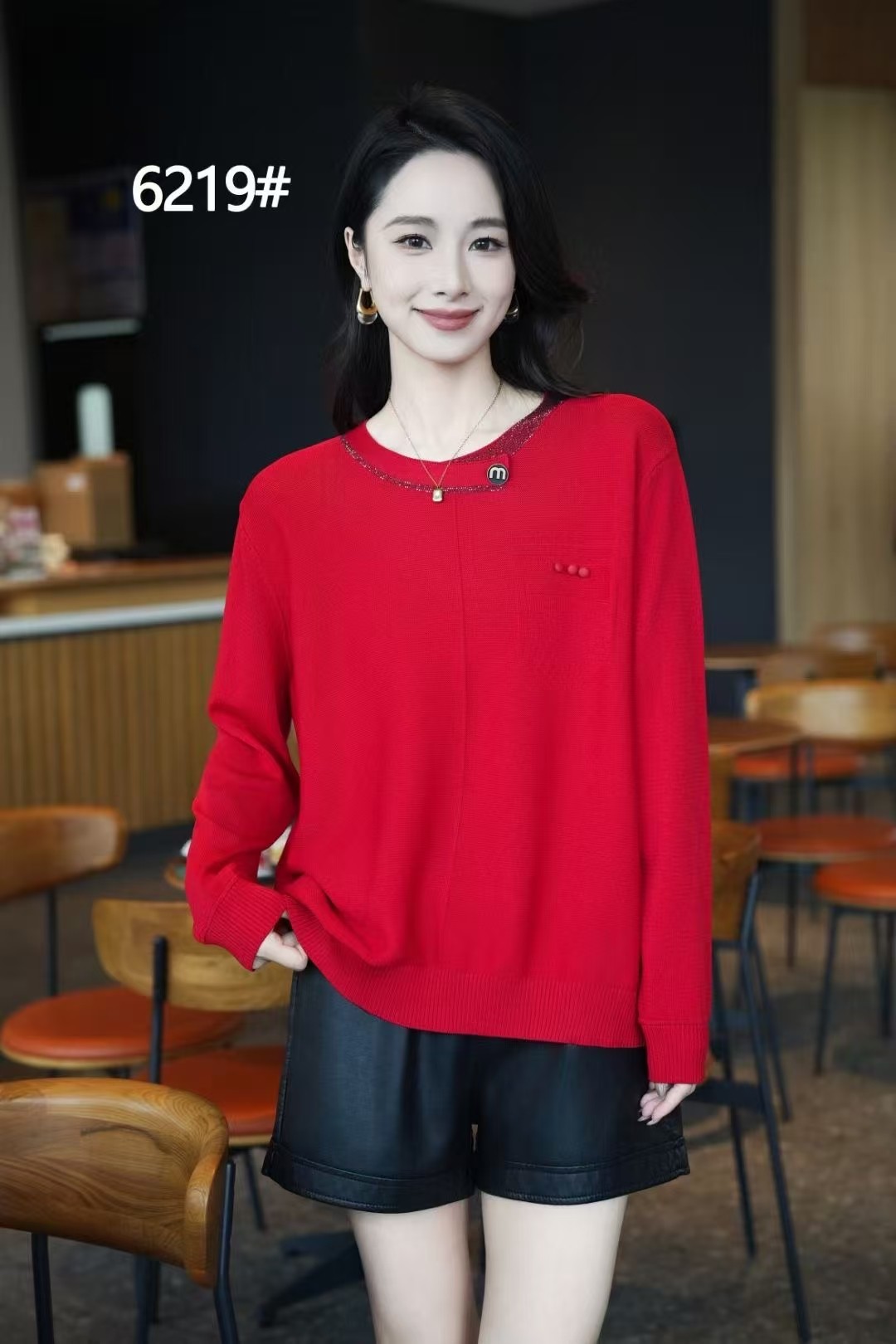 妈妈装2025春秋新款时尚纯色圆领长袖宽松显瘦减龄打底针织衫上衣