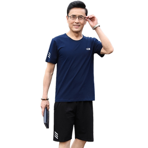 爸爸夏装套装中老年人父亲运动休闲夏季男装冰丝棉质男士短袖t恤