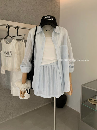 【Y.JIA 伊嘉】慵懒防晒衣防晒衬衫+显瘦背心+松紧腰休闲短裤5586