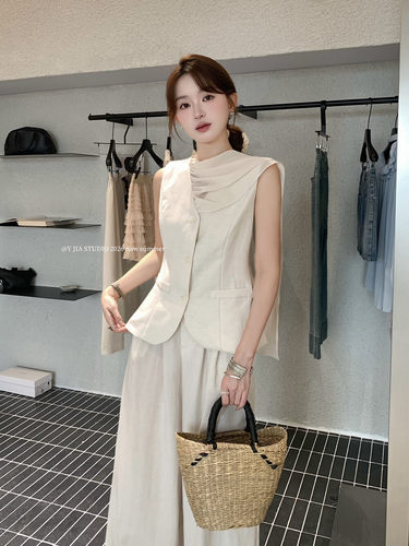 【Y.JIA 伊嘉】复古拼接网纱飘带马甲+宽松阔腿显瘦休闲裤6702