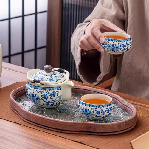 青花汝窑缠枝莲陶瓷茶具套装便携防烫手抓壶一壶两杯家用功夫泡茶
