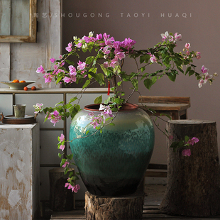 景德镇陶瓷大缸圆陶罐民宿会所餐厅装饰插花坛子花器大号酒店摆件