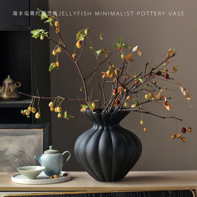 景德镇简约黑白色陶瓷花瓶高级感中古风艺术小插百搭花器法式蓬蓬