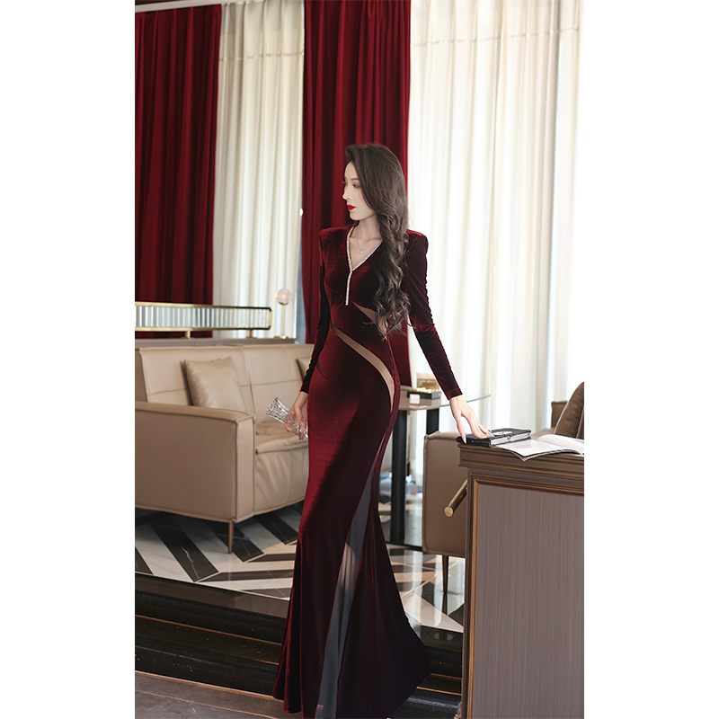 【尤克菲儿】原创设计轻奢高定丝绒网纱裙气质修身优雅V领连衣裙