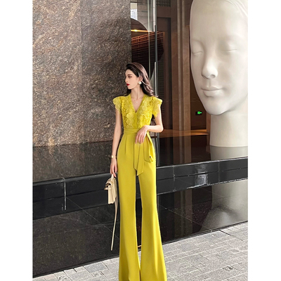 尤克菲儿 原创高定设计蕾丝拼接梭织修身高腰显瘦气质连体裤