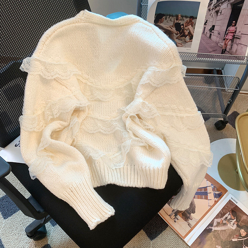 WHITE KNITTED CARDIGAN WOMENS V-NECK 2023 NEW SPRING AND AUTUMN WEAR DESIGN SENSE SOFT GLUT SWEATER JACKET AUTUMN AND WINTER STYLE