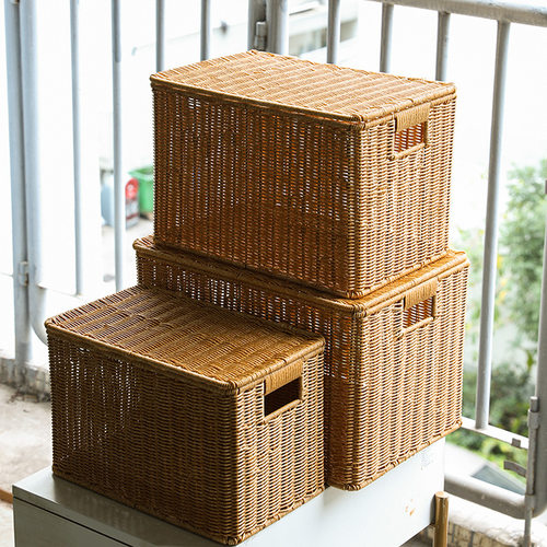 大号编织收纳箱子塑料藤编有盖整理箱后备箱装书复古风卧室玩具箱