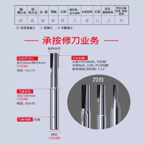 PCD金刚石铣刀铝高光钻石墨亚克力铝基碳化硅陶瓷碳纤维清底铣刀