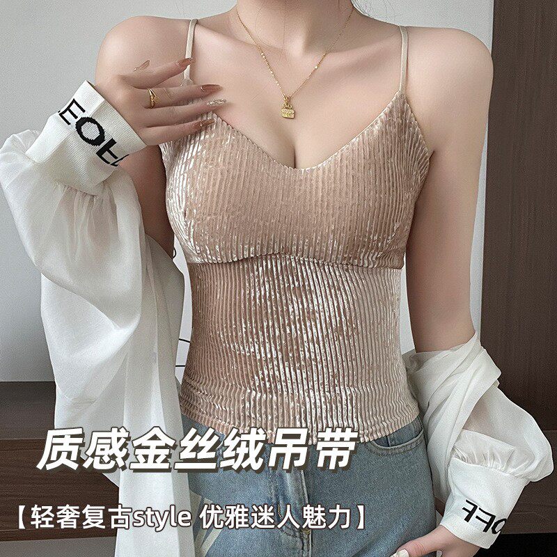 新款复古金丝绒吊带背心美背内衣V领修身性感内搭可外穿文胸美背