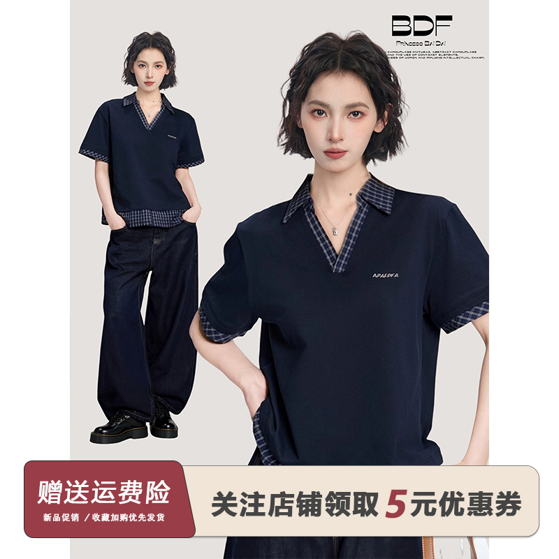 藏青色假两件polo衫正肩短袖t恤女夏夏季格子v领宽松短款半袖上衣