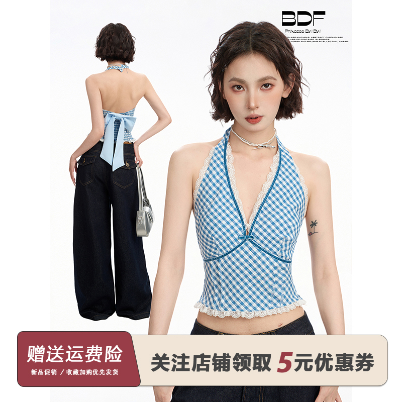 蓝色格子蕾丝挂脖吊带背心女夏季外穿内搭打底辣妹遮副乳美背上衣