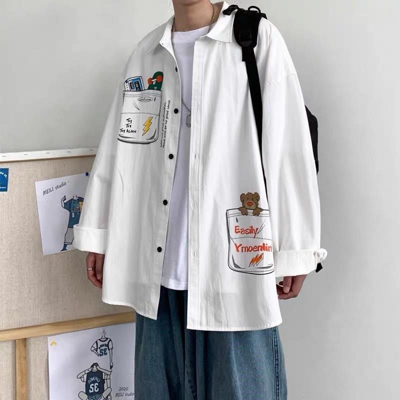  白色衬衫男宽松韩版学生长袖上衣2021年新款春夏设计感小众衬衣潮